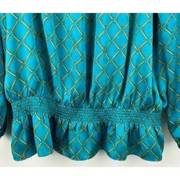 Michael Kor’s Long Sleeve Teal & Gold chain Link Blouse Women’s size Small - Picture 3 of 4